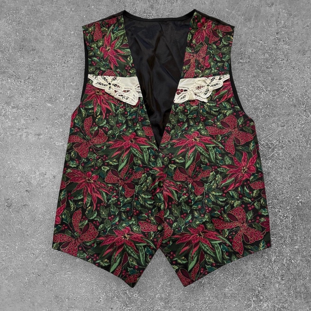 Vintage Christmas Poinsettia Floral Tapestry Vest Lace Trim Red Green Holiday